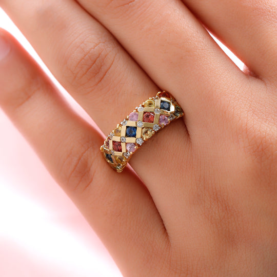 Mehrfarbiger Saphir und Zirkon-Ring, 925 Silber Gelbgold Vermeil ca. 1,82 ct