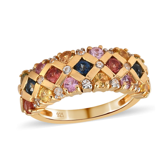 Mehrfarbiger Saphir und Zirkon-Ring, 925 Silber Gelbgold Vermeil ca. 1,82 ct
