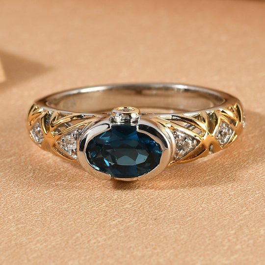 London Blau Topas und Zirkon Ring 925 Silber Bicolor ca. 0,90 ct