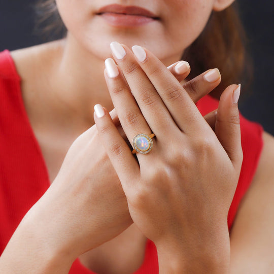 Natürlicher, äthiopischer Welo Opal, weißer Diamant Ring, 925 Silber Gelbgold Vermeil, , ca. 2.68 ct