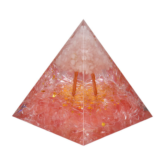 Edelstein Pyramide mit goldfarbener Lotosblüte - Kyanit und Amethyst