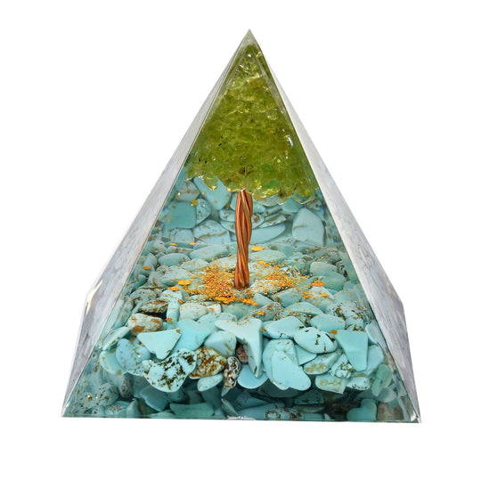 Edelstein Pyramide mit goldfarbener Lotosblüte - Kyanit und Amethyst