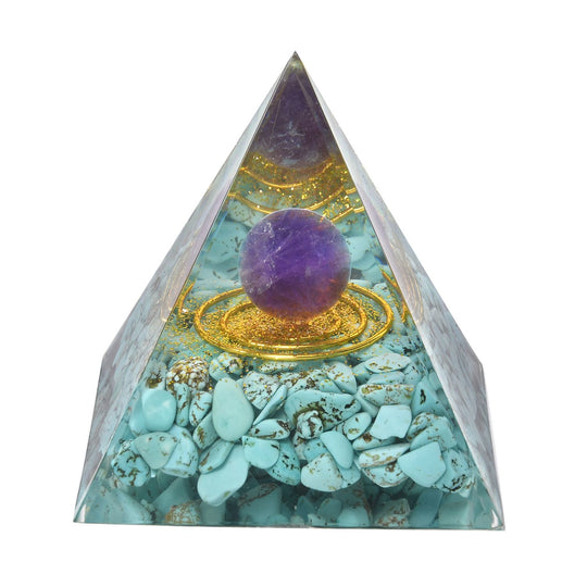 Edelstein Pyramide mit goldfarbener Lotosblüte - Kyanit und Amethyst