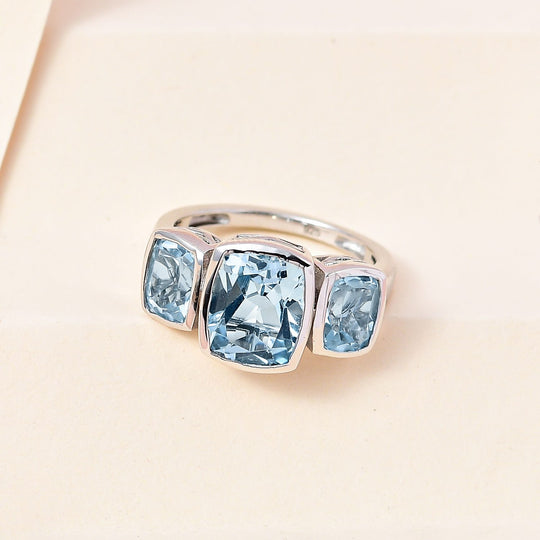 Himmelblauer Topas Ring mit Cushion Schliff, 925 Silber platiniert , ca. 5.52 ct
