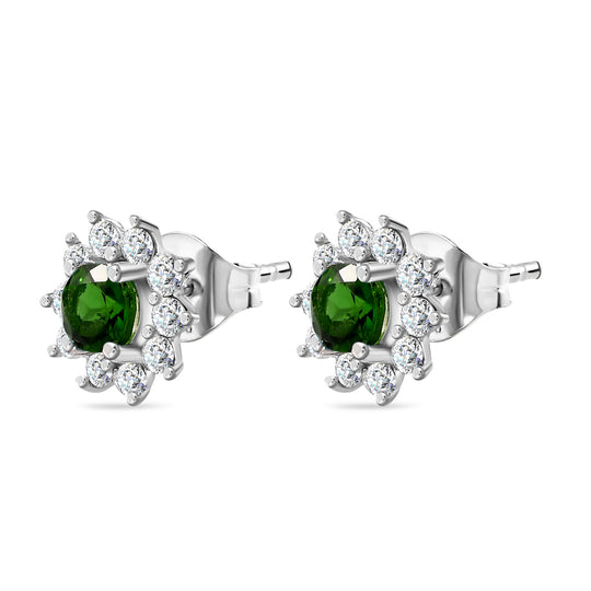 Natürlicher Chromdiopsid, Weißer Zirkon Ohrringe 925 Silber ca. 1.16 ct