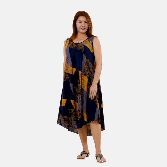 TAMSY - bedrucktes Kleid, Viskose, 60x105 cm, blau/gelb Blattmuster