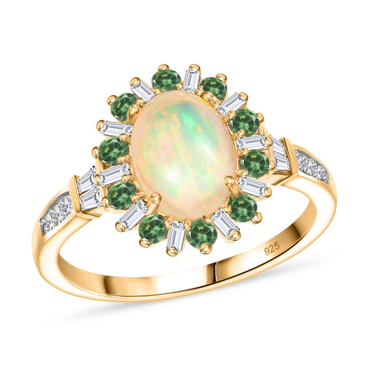 AA äthiopischer Welo Opal Tsavorit Granat und Moissanit Ring und Anhänger mit 50cm Kette