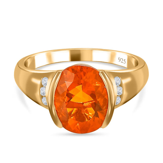 Brasilianischer Feueropal, weißer Zirkon Ring, 925 Silber Gelbgold Vermeil , ca. 2.50 ct