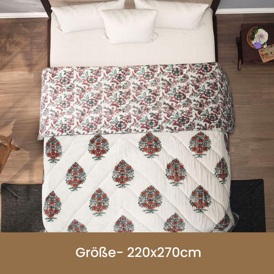 Jaipur Quilt aus 100% Baumwolle mit Handstempeldruck und Hand-Gequilted, 220X270cm, Pfirsich