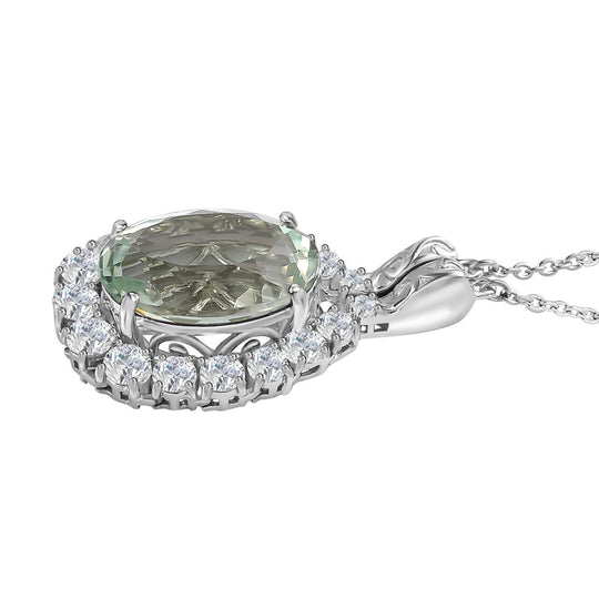 Prasiolith, weißer Zirkon Anhänger mit Kette, ca. 50 cm, 925 Silber platiniert ca. 15.10 ct