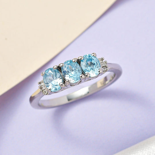 Kambodschanischer, blauer Zirkon, weißer Diamant Ring, 925 Silber platiniert (Größe 21.00) ca. 1.69 ct