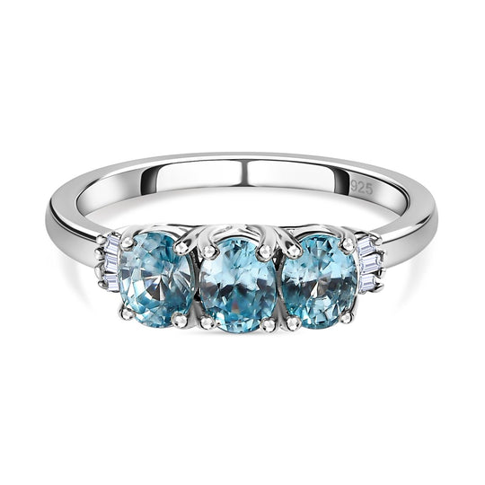 Kambodschanischer, blauer Zirkon, weißer Diamant Ring, 925 Silber platiniert (Größe 21.00) ca. 1.69 ct