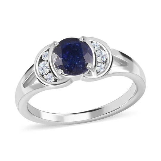 Masoala Saphir (Fissure gefüllt), weißer Zirkon Ring, 925 Silber platiniert ca. 1.43 ct