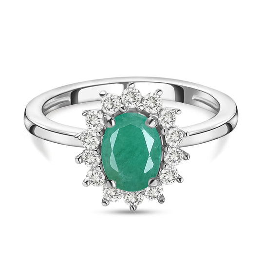 Socoto Smaragd, Weißer Zirkon Ring 925 Silber Platiniert (Größe 19.00) ca. 1,07 ct