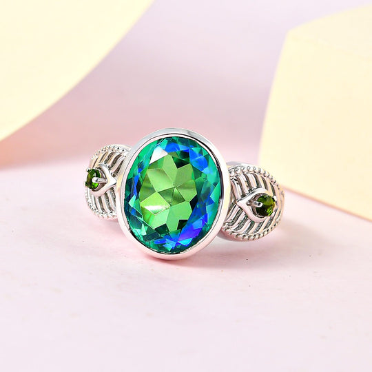 Pfau Triplette Quarz, Natürlicher Chromdiopsid Ring, 925 Silber platiniert ca. 5.20 ct