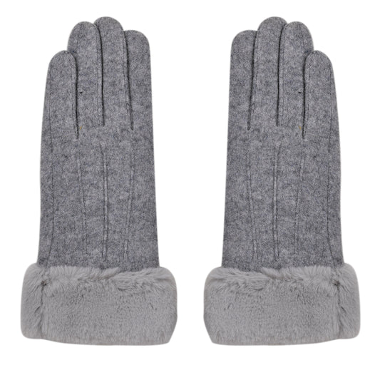 LA MAREY Kaschmirwolle Handschuhe mit Kunstfell Bordüre, Grau