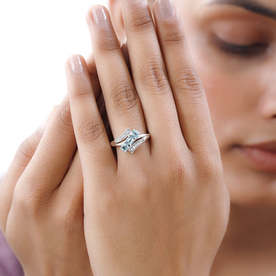 Paraiba-Apatit, weißer Zirkon Ring, 925 Silber platiniert ca. 1.08 ct