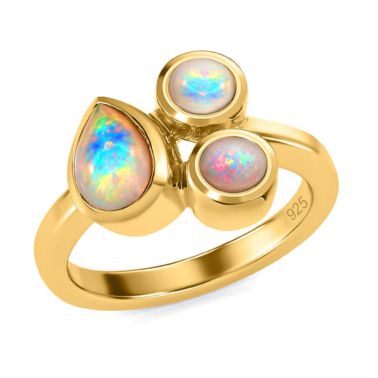 Natürlicher, äthiopischer Welo Opal Ring, 925 Silber vergoldet ca. 0.87 ct