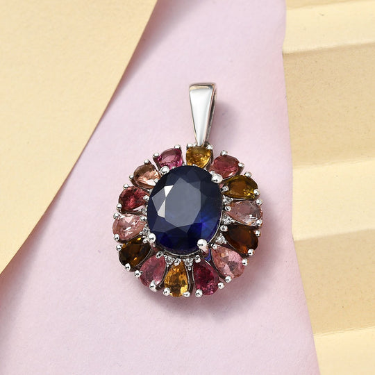 Masoala Saphir (Fissure gefüllt), Mehrfach-Turmalin Anhänger 925 Silber platiniert ca. 7.96 ct