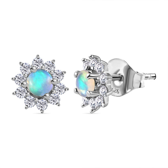 Amerikanische, natürliche Sleeping Beauty Türkis und Zirkon florale Halo Ohrringe, 925 Silber platiniert - 1,17 ct.