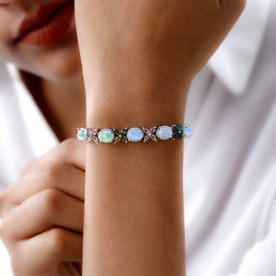 Natürliches, äthiopisches Welo Opal, mehrfarbiges Turmalin Armband, ca. 19 cm, 925 Silber platiniert ca. 11.70 ct