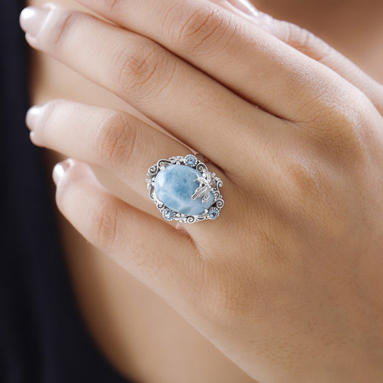 Larimar, blauer Topas Ring, 925 Silber platiniert ca. 11.00 ct