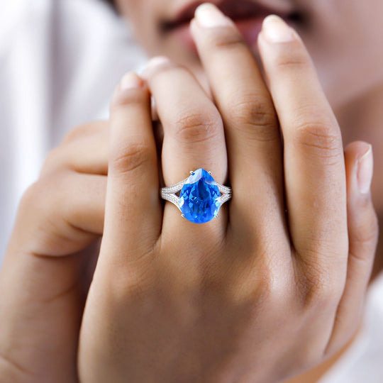 Karibik Quarz, weißer Zirkon Ring, 925 Silber platiniert, ca. 9.43 ct
