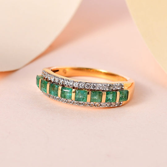 AAA Kagem Sambischer Smaragd, weißer Zirkon Ring, 925 Silber Gelbgold Vermeil ca. 1.11 ct