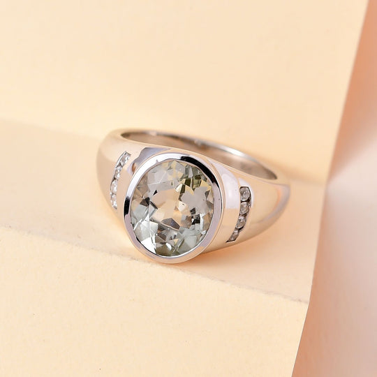 AAA Prasiolith, weißer Zirkon Ring, 925 Silber platiniert (Größe 19.00) ca. 3.52 ct