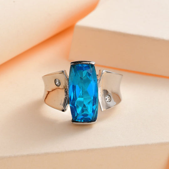 Karibik Quarz, Weißer Zirkon Ring Edelstahl ca. 6.09 ct