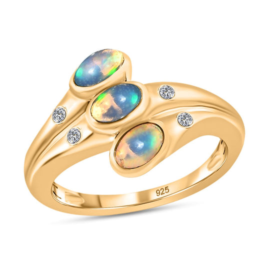 Natürlicher, äthiopischer Welo Opal, weißer Zirkon Ring, 925 Silber vergoldet ca. 0.61 ct