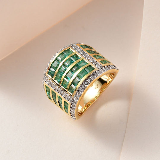 AAA Kagem Sambischer Smaragd Ring, 925 Silber Gelbgold Vermeil, , ca. 4.24 ct
