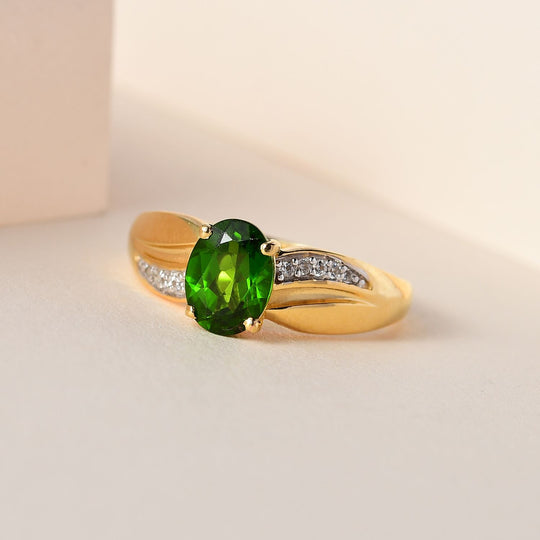 Natürlicher Chromdiopsid, weißer Zirkon Ring, 925 Silber vergoldet, ca. 1.56 ct