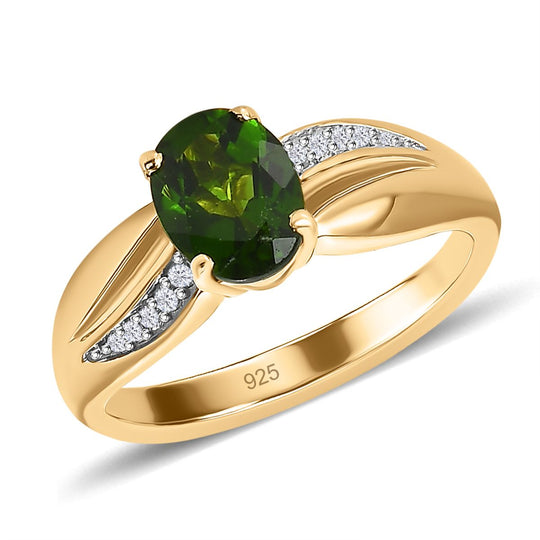 Natürlicher Chromdiopsid, weißer Zirkon Ring, 925 Silber vergoldet, ca. 1.56 ct