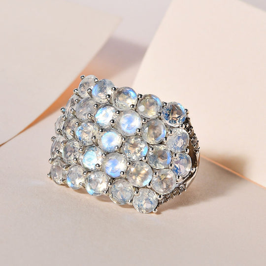 Premium Regenbogen Mondstein, weißer Zirkon Ring, 925 Silber platiniert, , ca. 7.92 ct