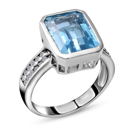 Himmelblauer Topas und Zirkon-Ring, 925 Silber platiniert ca. 10.38 ct
