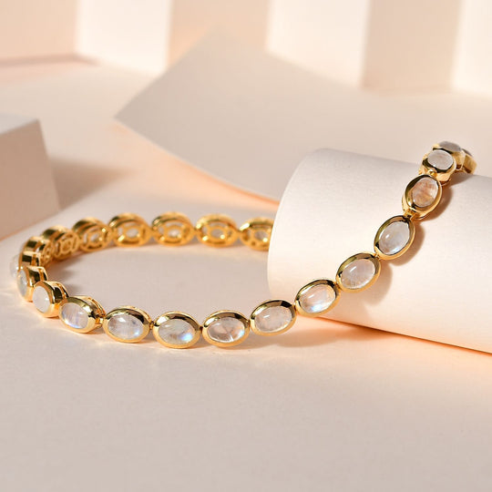 Premium Regenbogen Mondstein Armband, ca. 19 cm, 925 Silber Gelbgold Vermeil, ca. 13.06 ct