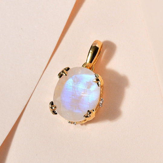 Premium Regenbogen Mondstein, weißer Zirkon Anhänger, 925 Silber vergoldet, ca. 4.87 ct