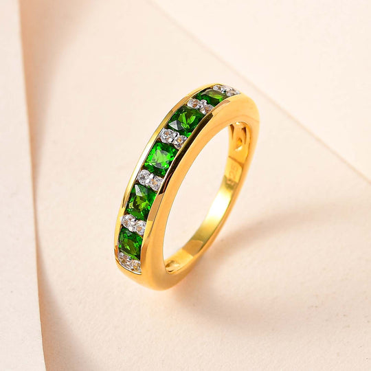 Natürlicher Chromdiopsid, weißer Zirkon Ring, 925 Silber vergoldet ca. 0.97 ct