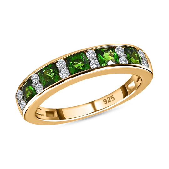 Natürlicher Chromdiopsid, weißer Zirkon Ring, 925 Silber vergoldet ca. 0.97 ct