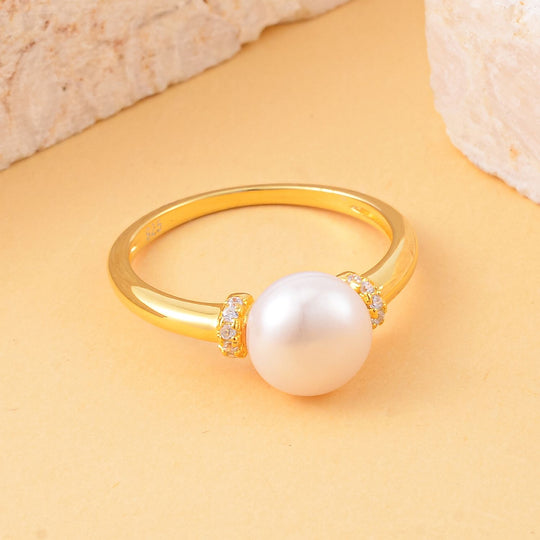 Weiße Süßwasser Perle Ring, 925 Silber vergoldet (Größe 19.00)