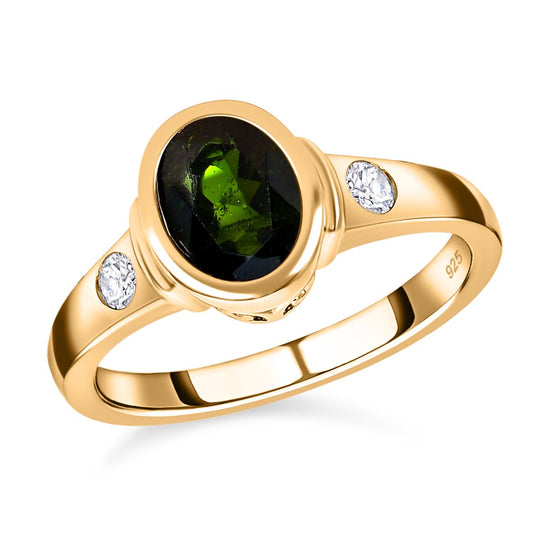 Natürlicher Chromdiopsid, weißer Zirkon Ring, 925 Silber vergoldet, ca. 1.62 ct