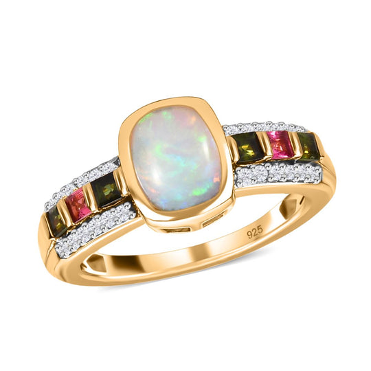 Natürlicher, äthiopischer Welo Opal, mehrfarbiger-Turmalin Ring, 925 Silber vergoldet (Größe 21.00) ca. 1.52 ct