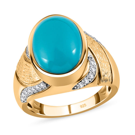 Amerikanischer Sleeping Beauty Türkis, weißer Zirkon Ring, 925 Silber Gelbgold Vermeil ca. 5.16 ct