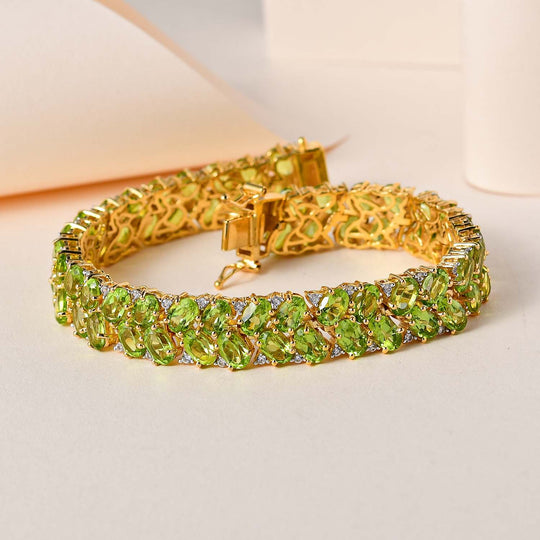 Natürliches Peridot, weißes Zirkon Armband ca. 19 cm 925 Silber vergoldet ca. 36.96 ct