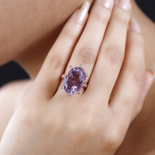 Rose De France Amethyst, weißer Zirkon Ring, 925 Silber rosévergoldet ca. 11.77 ct
