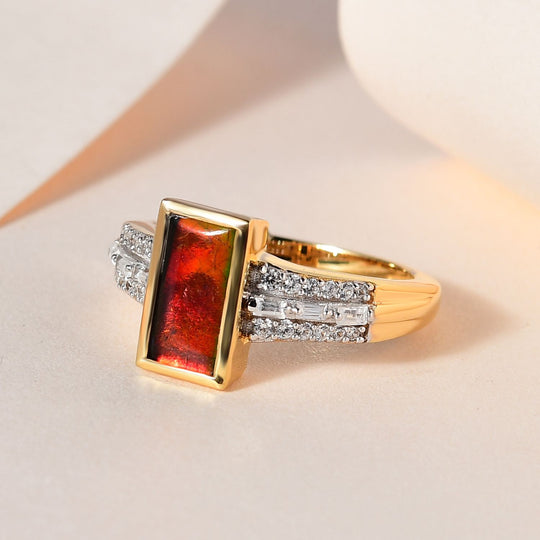 Kanadischer Ammolit, weißer Zirkon Ring, 925 Silber vergoldet (Größe 21.00) ca. 1.90 ct