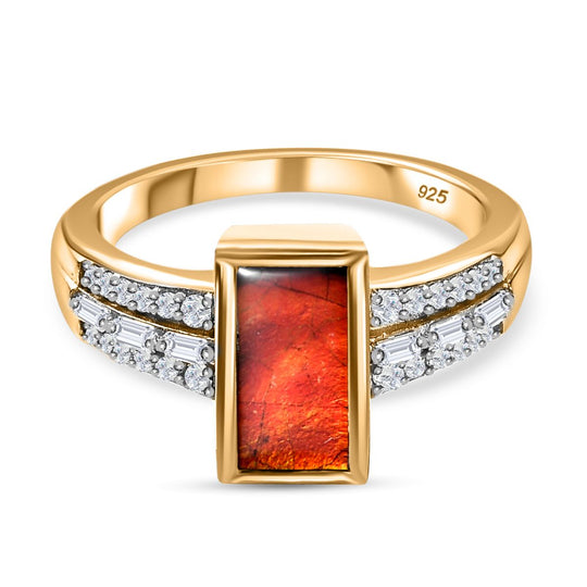Kanadischer Ammolit, weißer Zirkon Ring, 925 Silber vergoldet (Größe 21.00) ca. 1.90 ct