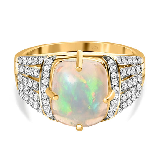 Natürlicher, äthiopischer Welo Opal, Weißer Zirkon Ring, 925 Silber Gelbgold Vermeil (Größe 17.00) ca. 3.53 ct