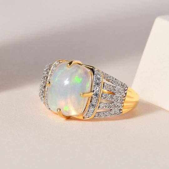 Natürlicher, äthiopischer Welo Opal, Weißer Zirkon Ring, 925 Silber Gelbgold Vermeil (Größe 17.00) ca. 3.53 ct